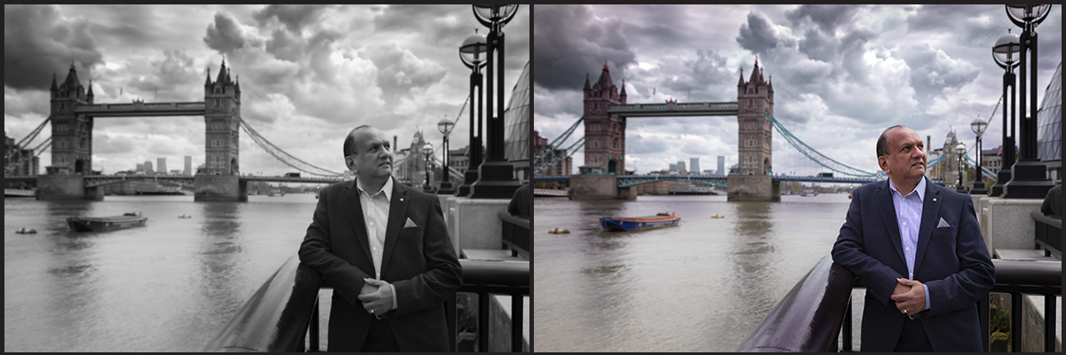 Two images side by side of a man alongside the river Thames one in Black & White the other in colour.