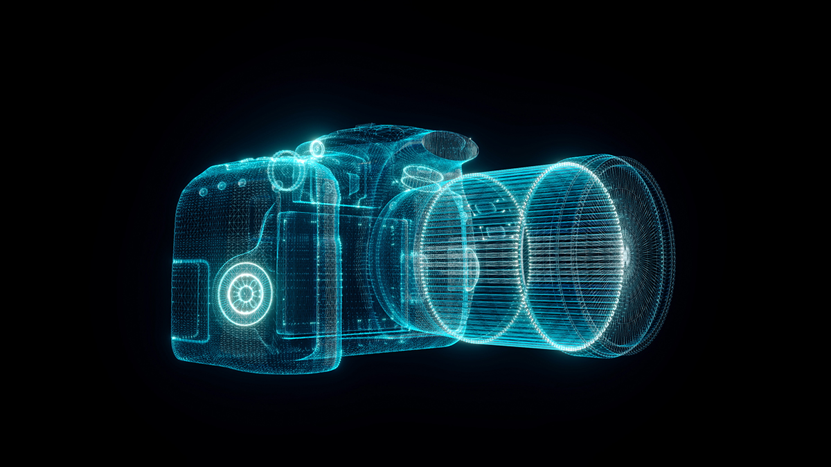 A holographic image of a camera and a lens.